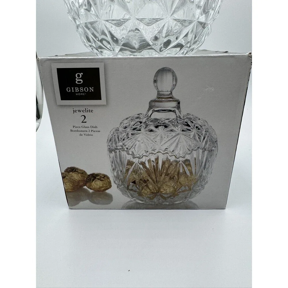 Gibson Home Jewelite Clear Cut Pressed Glass Dish with Lid 2-Piece Round